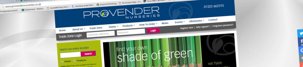 Screenshot of the Provender Nurseries website with a login box and green pencils