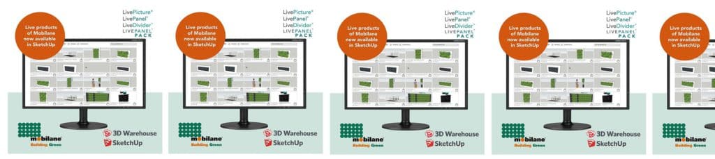 Four banners with a monitor showing Mobilane Live products in SketchUp 3D Warehouse