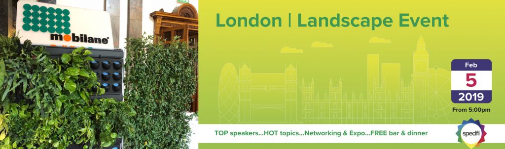 Banner for the London Landscape Event with a Mobilane green wall and London skyline