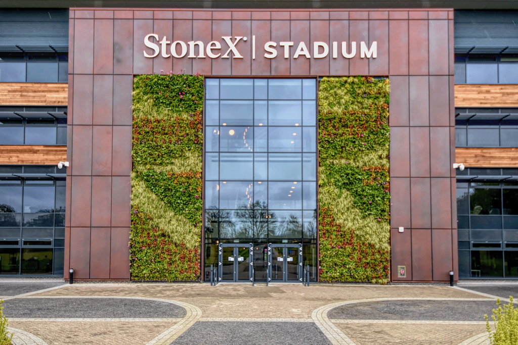 StoneX Stadium entrance adorned with living green wall Mobilane