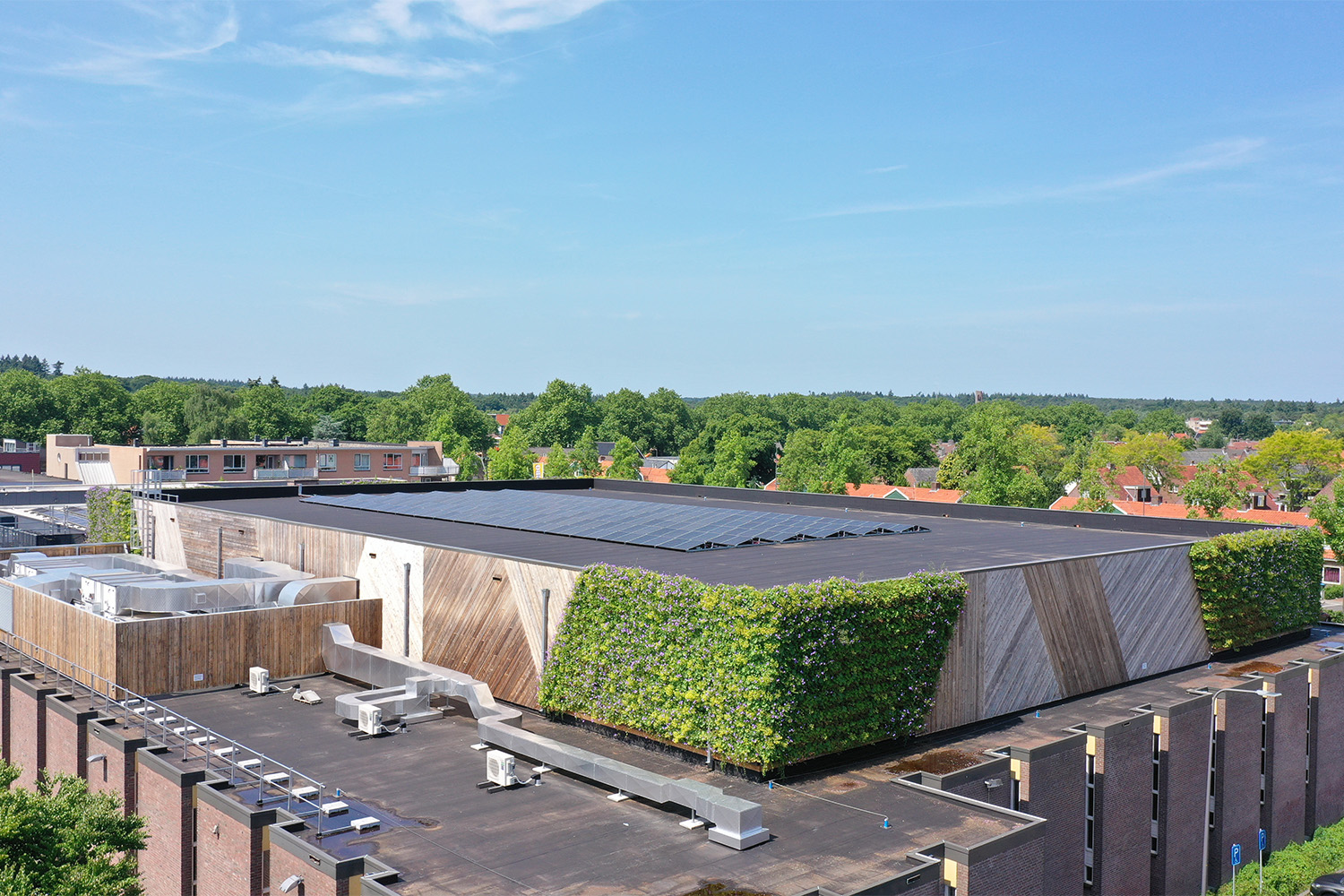 Groene gevel van Sporthal Theothorne in Dieren vanuit een schuine hoek, met zichtbaar groen en levendige uitstraling.