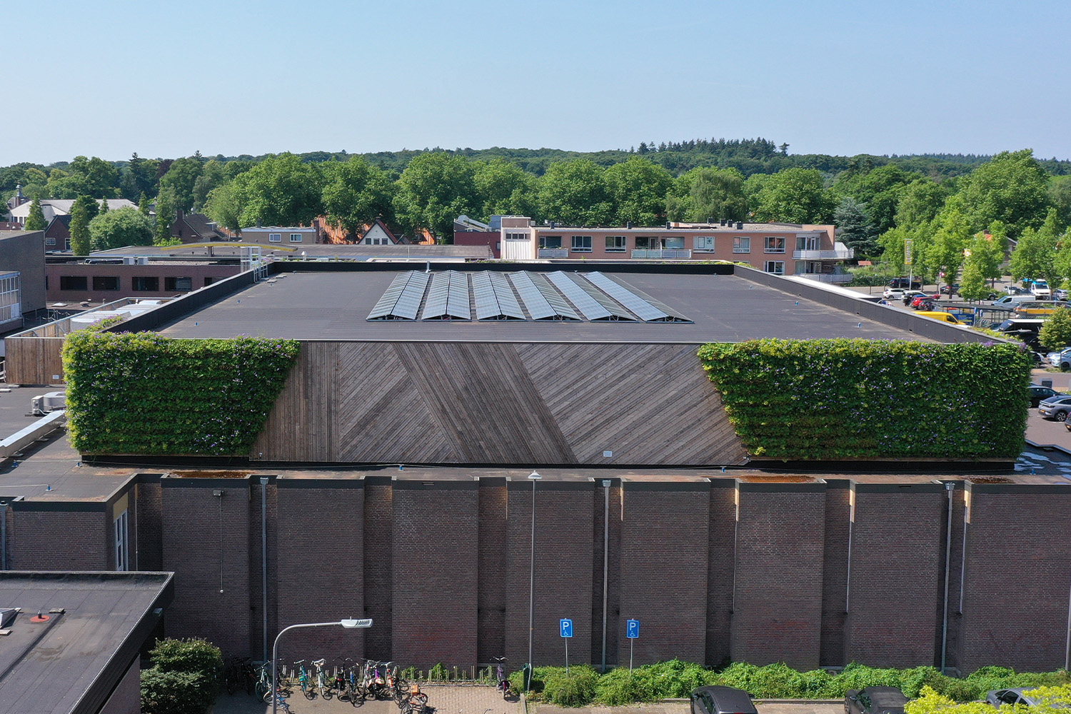 Detail van de beplanting in de groene gevel van Sporthal Theothorne.