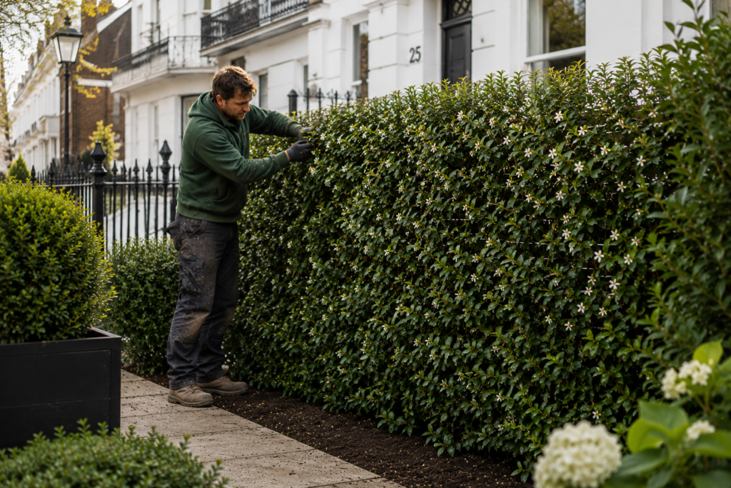 Gardener installing a Mobilane Green Screen jasmine hedge in front of a London townhouse