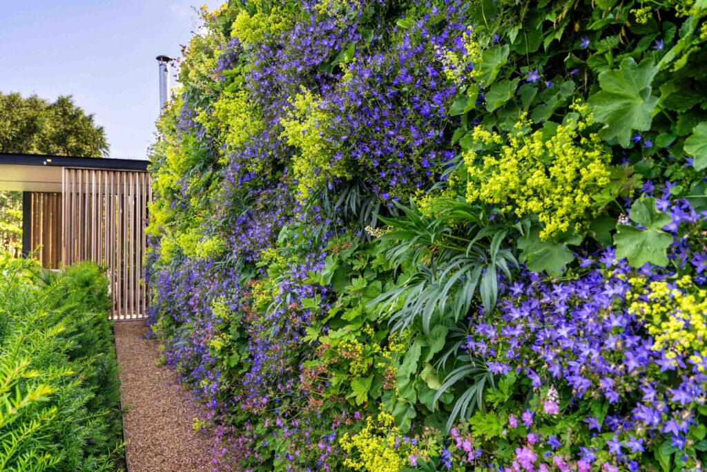 Flowering MobiPanel wall system with bellflowers, lady's mantle and geranium
