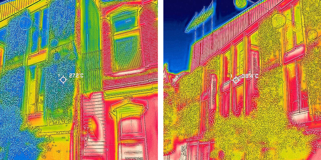 Thermal image of the MobiPanel green façade at Vanderveen Department Store, Assen visibly cooler than the bare façade.