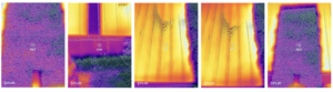 Thermal imaging at LC Packaging in Waddinxveen shows the cooling effect of the green façade: 28.5 °C on the planted façade versus 62.0 °C on the adjacent unplanted façade — a 33.5 °C difference in surface temperature.