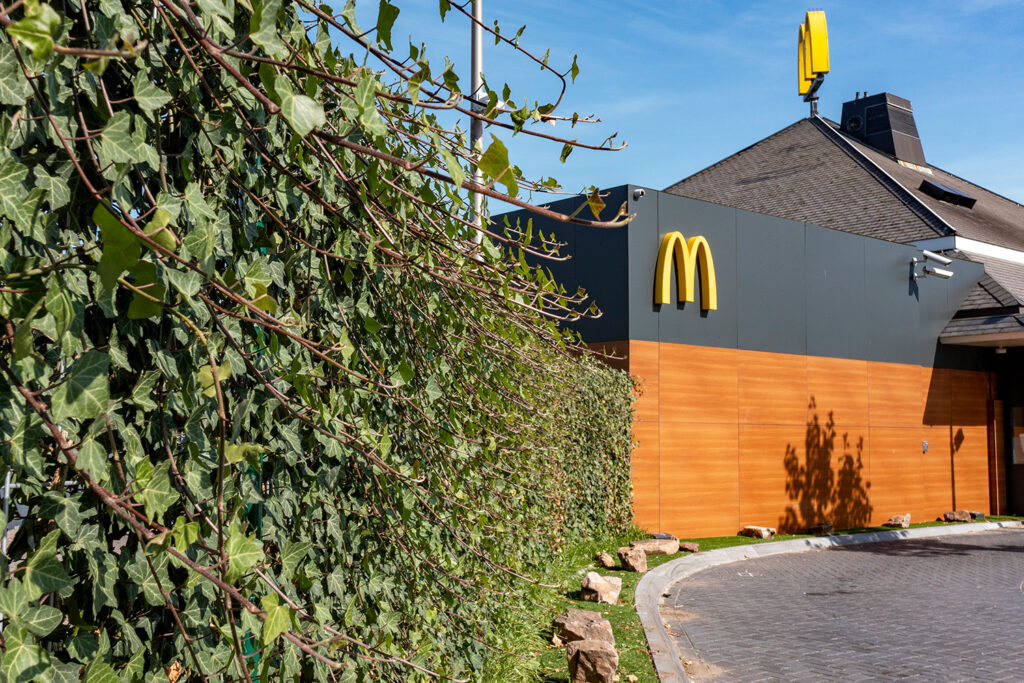 
Eine zwei Meter hohe Mobilane Fertighecke als Abgrenzung bei McDonald's in Rotterdam